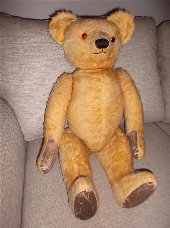 Large gold plush teddy bear, circa 1950 & a 1920s Chinese cloth costume doll